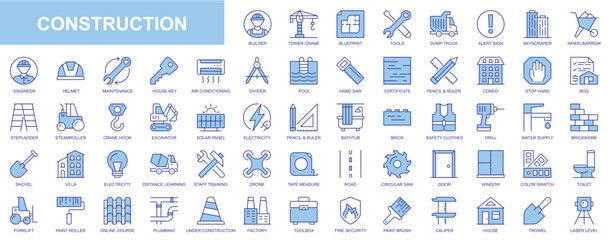 Construction web icons set in blue line design. Pack of builder, tower, blueprint, tools, skyscraper, wheelbarrow, engineer, helmet, maintenance, house, supply, other. Vector outline stroke pictograms