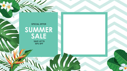 Tropical frame design template with empty area. Exotic leaves, flowers. Best for for party invitations, sale posters and wedding cards. Vector template.