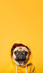 Funny looking dog wearing sport sweatshirt hoodie. Vertical banner with copy space above. Generative AI
