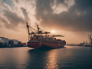 A cargo ship unloading containers at the port