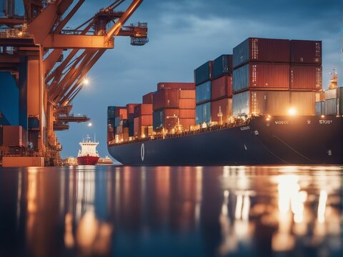 A cargo ship unloading containers at the port