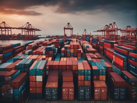 A cargo ship unloading containers at the port
