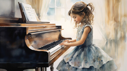 フォーマルな服装で楽しそうにピアノを演奏する子どもの水彩画
