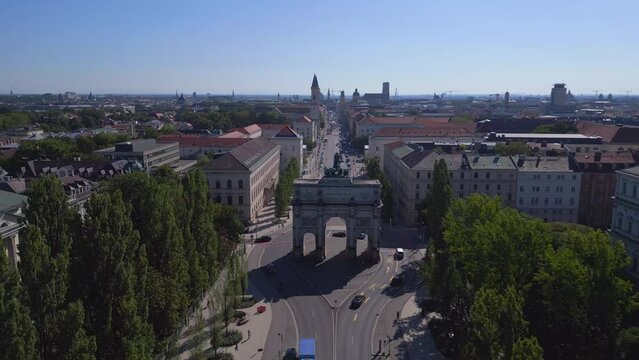 Stunning aerial view flight drone Victory Gate old street town Munich Germany 