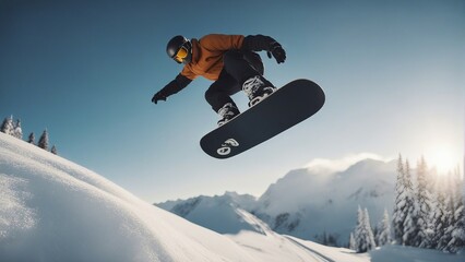 The man who jumps from the snowy peak with a snowboard.