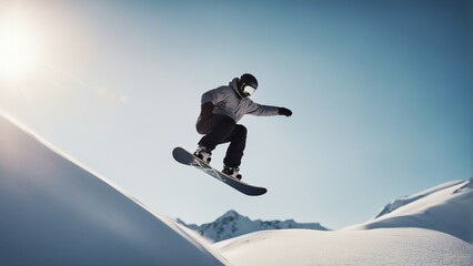 The man who jumps from the snowy peak with a snowboard.