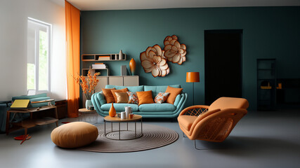 Edle Wohnecke mit schönen farblichen Dekos und grüner Couch im modernen Stil im Querformat für Banner, ai generativ
