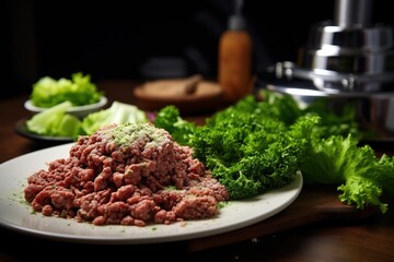 raw minced meatless plant based meat , vegan mince meat with lettuce vegetables, chickpeas, soy and proteins, vegetarian meal on dark. - obrazy, fototapety, plakaty