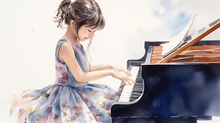 フォーマルな服装で楽しそうにピアノを演奏する子どもの水彩画