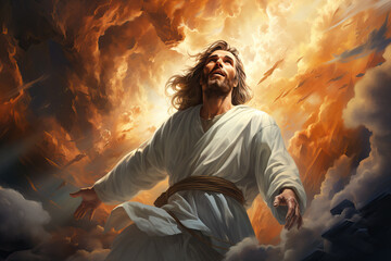 Jesus Christ ascends in heaven, enveloped in divine atmosphere - obrazy, fototapety, plakaty