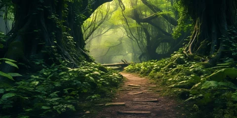 Zelfklevend Fotobehang enchanted path through magical forest cinematic 4k © Young