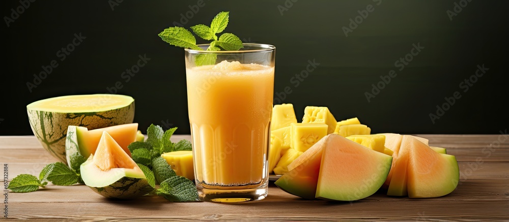 Poster delicious melon smoothie on the table with copyspace for text