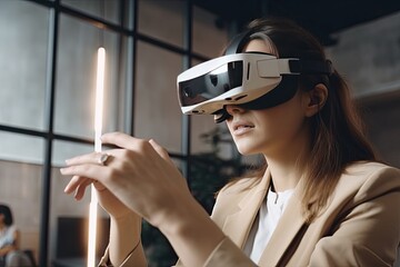 Woman testing virtual reality googles in the office - obrazy, fototapety, plakaty