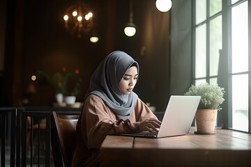 Muslim young student using laptop in a cafeteria