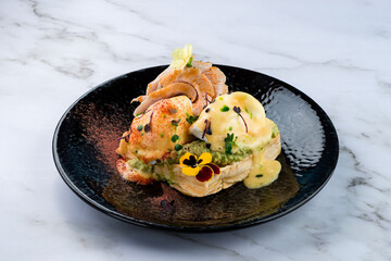 diet breakfast toast with chicken fillet, guacamole and egg