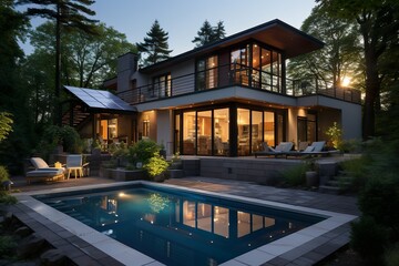 Modern house with solar panels and pool - obrazy, fototapety, plakaty