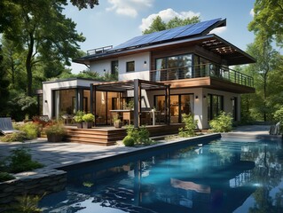 Fototapeta na wymiar Modern house with solar panels and pool