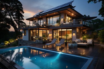 Fototapeta na wymiar Modern house with solar panels and pool