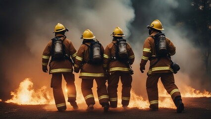 brave firefighters moving through fire and smoke