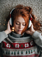 Portrait of beautiful redhead girl with her eyes closed with headphones listening to music at christmas time
