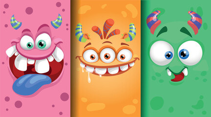 Cartoon monster emotions faces set. Cute monster faces with different expressions. Best for children supplies and party designs. Vector illustrations collection.