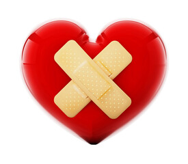 First aid plasters on heart. Transparent background. 3D illustration