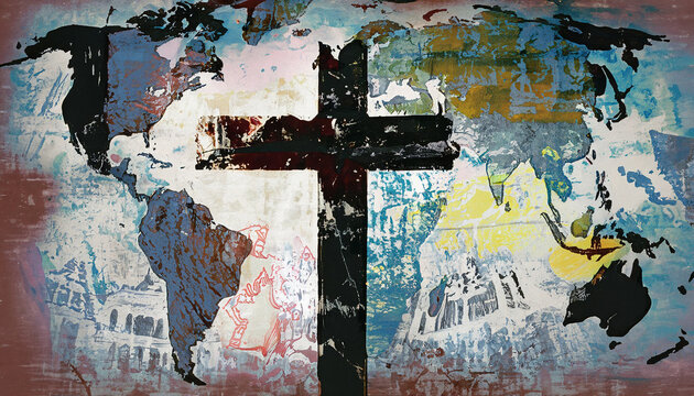 rustic mixed media artwork style, large cross and world map