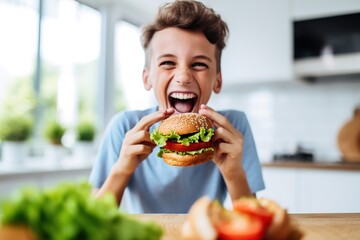 excited happy teen boy eats meatless plant based vegan burger with tomato, lettuce, onion, soya protein burgers, meat free healthy food close up at home.