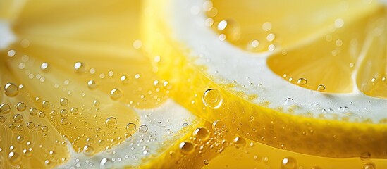 A lemon slice with bubbles in a close up view With copyspace for text - obrazy, fototapety, plakaty