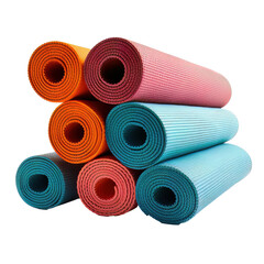 Multi color yoga mats cutout on transparent background. Concept of fitness and health.