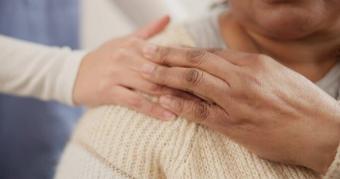 Nurse, holding hands and support patient in retirement with empathy, kindness and hope for medical healing, healthcare and rehabilitation. Closeup of caregiver, trust and help for nursing in homecare