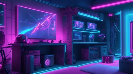interior of a gamer Room with neon lights wallpaper  - obrazy, fototapety, plakaty