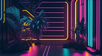 Retro Room with neon glowing lights wallpaper 
