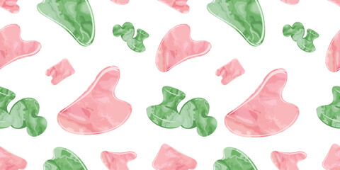 Seamless pattern with Rose Quartz Gua Sha and Jade Scraping Massage tool. Natural pink scraper and green stone roller in different shapes. Skin care presentation for beauty, web, blog, social media. - obrazy, fototapety, plakaty