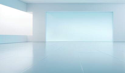 Obraz premium white wall on the floor in an empty room. in the style of light sky-blue and light gray, subtle tonal range. Shadow and light from windows on wall. background for product presentation. generative AI