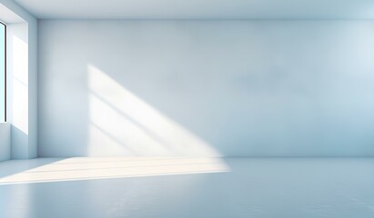 white wall on the floor in an empty room. in the style of light sky-blue and light gray, subtle tonal range. Shadow and light from windows on wall. background for product presentation. generative AI
