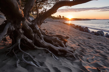Dry driftwood on the beach in the rays of the setting sun.