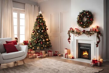 a living room decorated for christmas with a christmas tree and a fireplace


