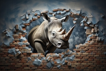 rhino in a brick wall, in the style of surrealistic elements