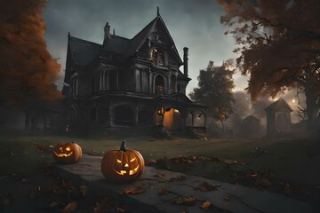Fototapeta na wymiar a halloween scene with a scary house and two pumpkins