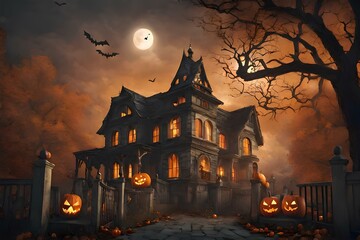 a spook of pumpkins in front of a haunted house

