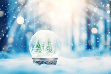 Pine Christmas Tree in Snow Globe on Winter Background