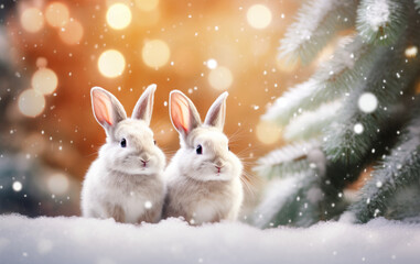 Two Bunnies on Snowy Christmas Nature Background