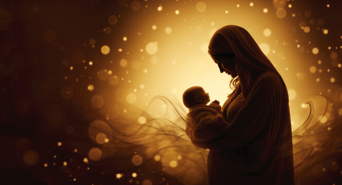 Silhouette of Mary with Baby Jesus, Blurred Background with Copy Space