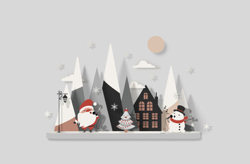 Santa Claus and snowman sing into microphones near a Christmas tree against the backdrop of snow-capped mountains and a country house. Paper cut style. Christmas vector isolated illustration