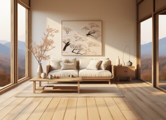 Interior of trendy modern living room with white sofa, wooden floor, panoramic window and mountain view. Japanese inspiration