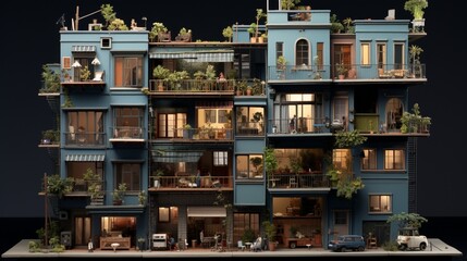 a miniature apartment building with tiny balconies, windows, and individual living spaces. Decorate each apartment with unique details.