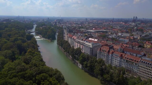 Magic aerial top view flight drone river isar City town Munich