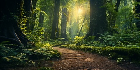 enchanted path through magical forest cinematic 4k - obrazy, fototapety, plakaty