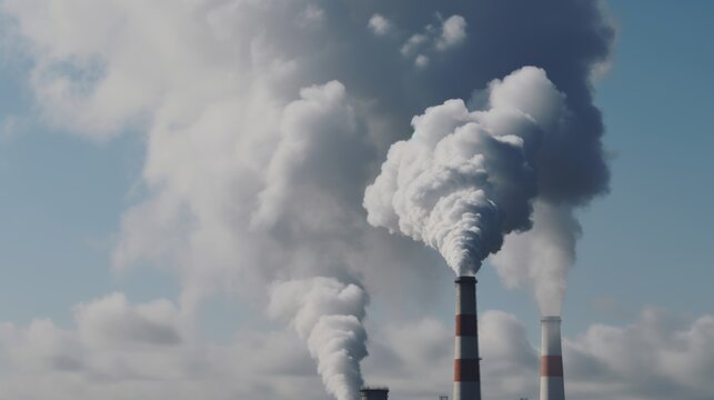 grey smoke from three industrial chimneys in a blue cloudy sky